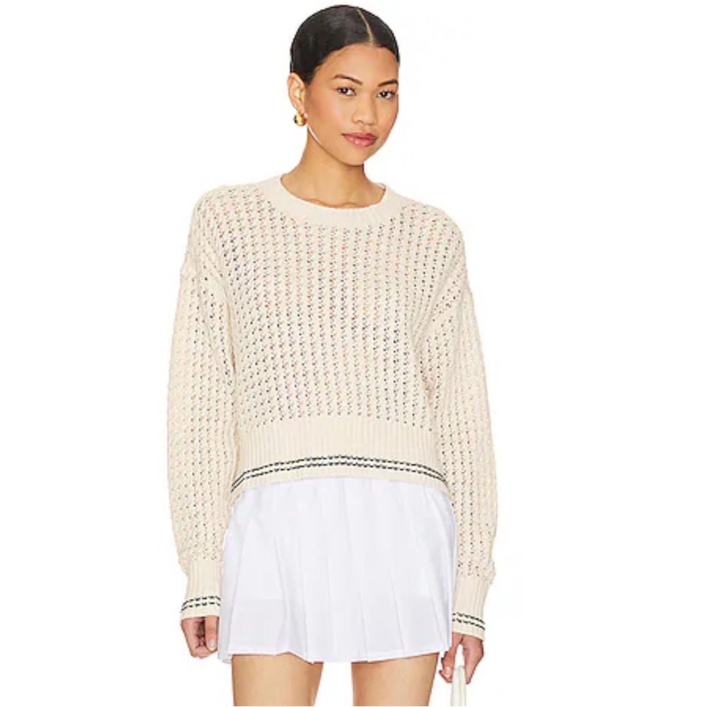 NWT Varley Azores Knit Striped Crewneck Birch Cream Striped Cropped Sweater Sz M